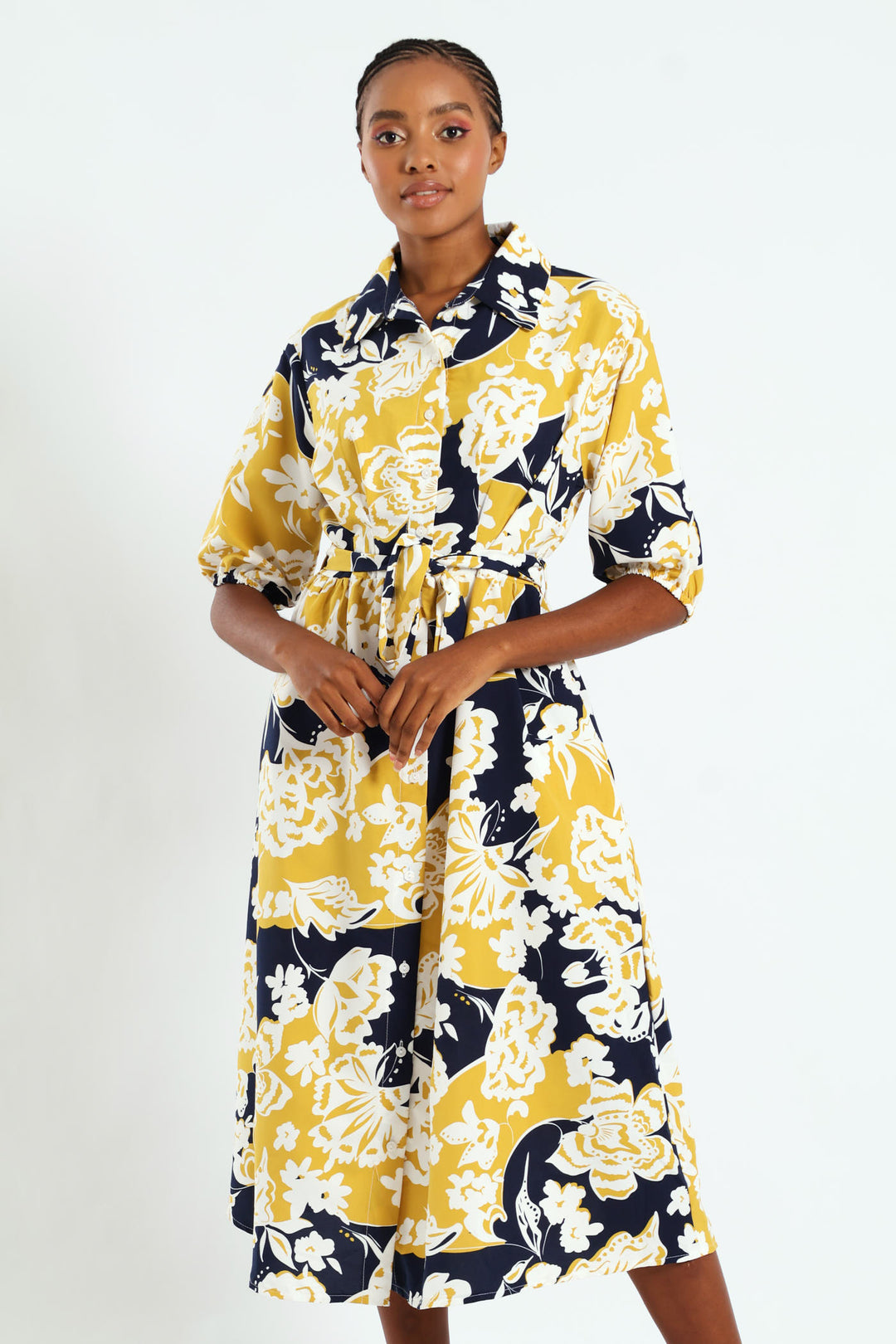 Button Through Collared Belted Midi Dress - Multi