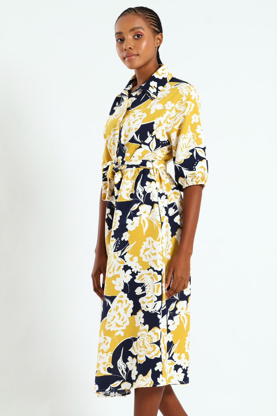 Button Through Collared Belted Midi Dress - Multi