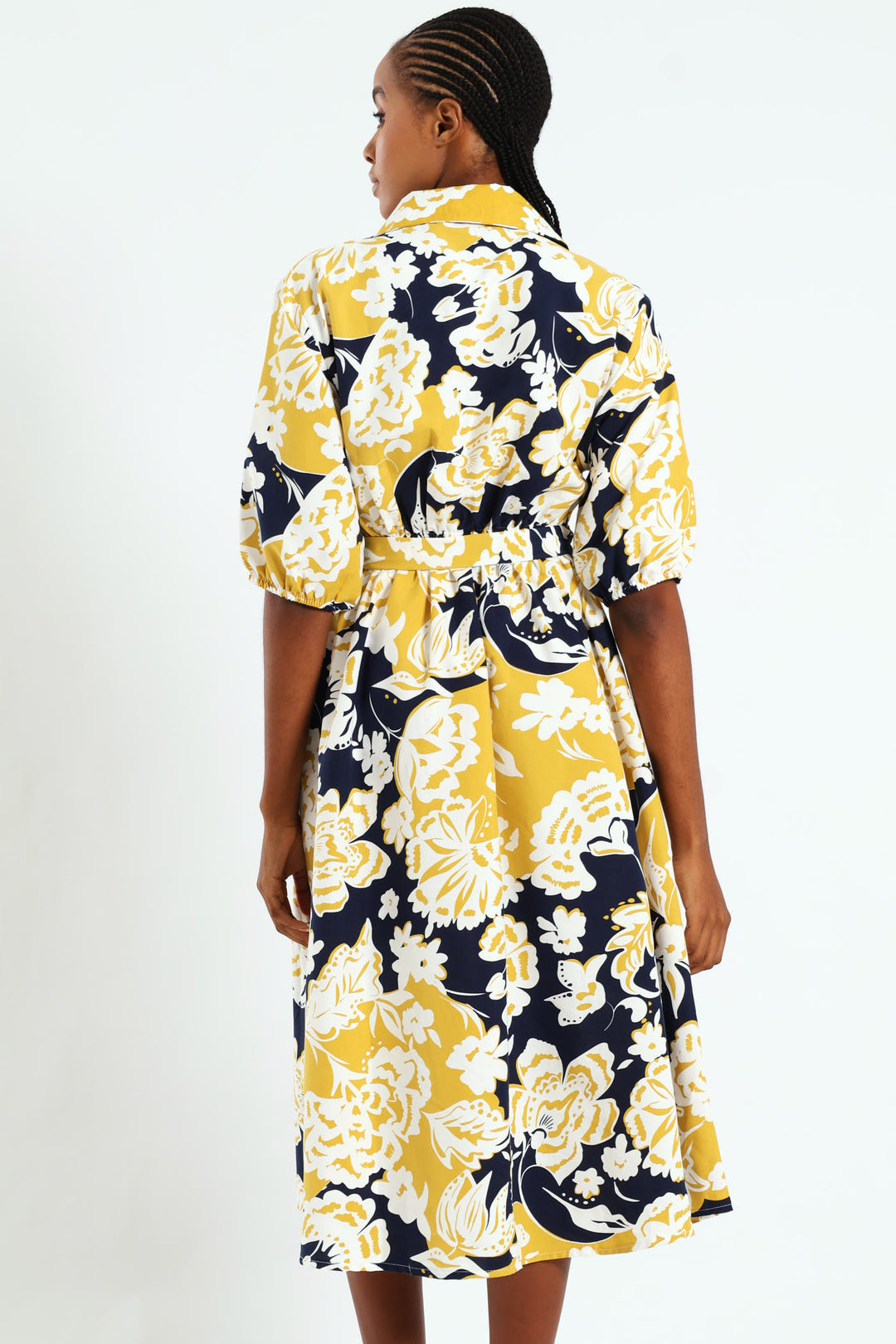 Button Through Collared Belted Midi Dress - Multi