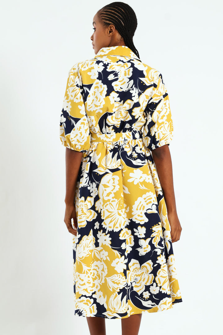 Button Through Collared Belted Midi Dress - Multi