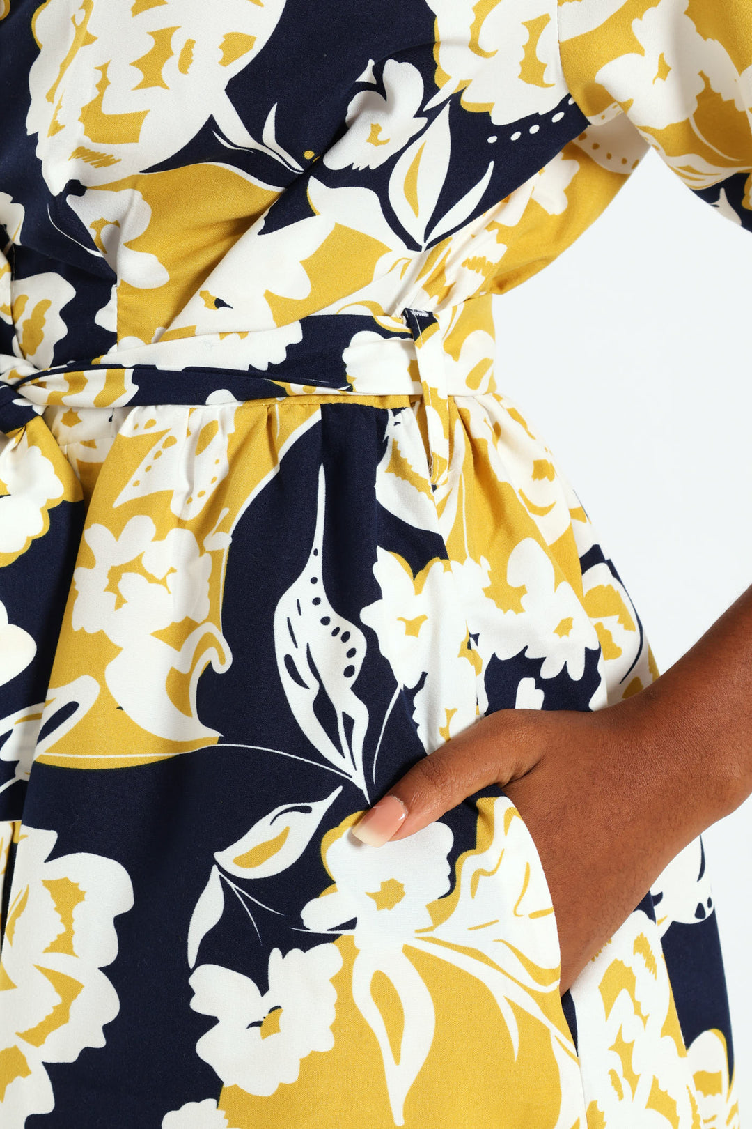 Button Through Collared Belted Midi Dress - Multi