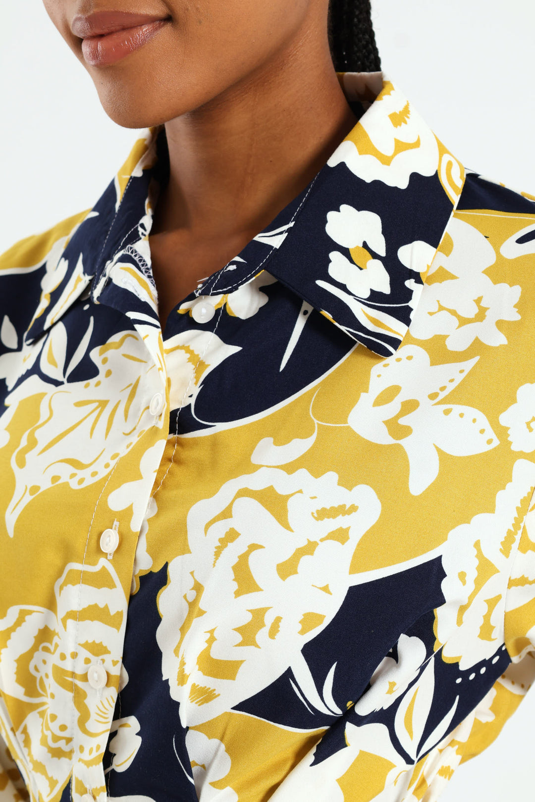 Button Through Collared Belted Midi Dress - Multi