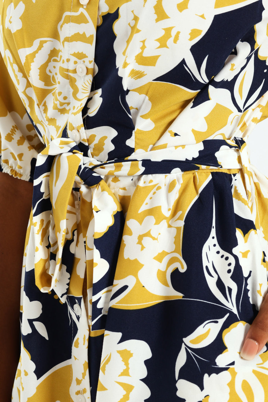 Button Through Collared Belted Midi Dress - Multi