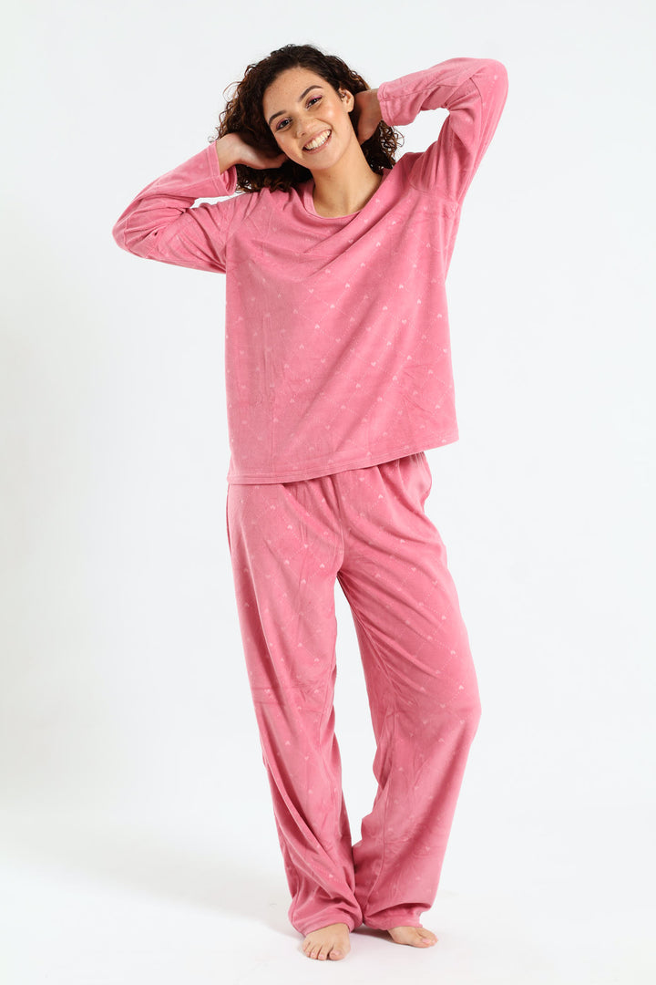 Textured Diamond Heart Long Sleeve Top & Pant Set - Dusty Pink
