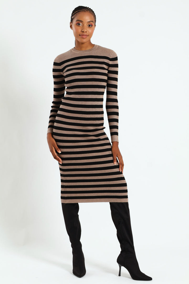 Column Striped Midi Knitwear Dress - Black/Tan