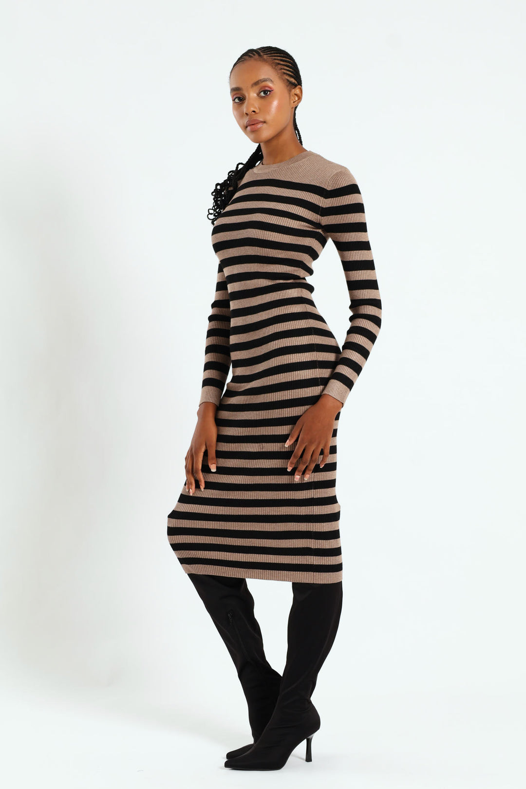 Column Striped Midi Knitwear Dress - Black/Tan