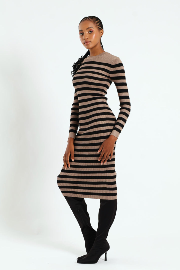 Column Striped Midi Knitwear Dress - Black/Tan