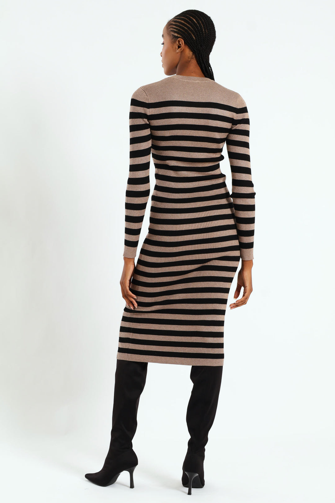 Column Striped Midi Knitwear Dress - Black/Tan