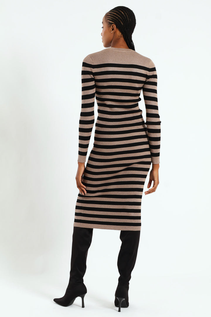 Column Striped Midi Knitwear Dress - Black/Tan