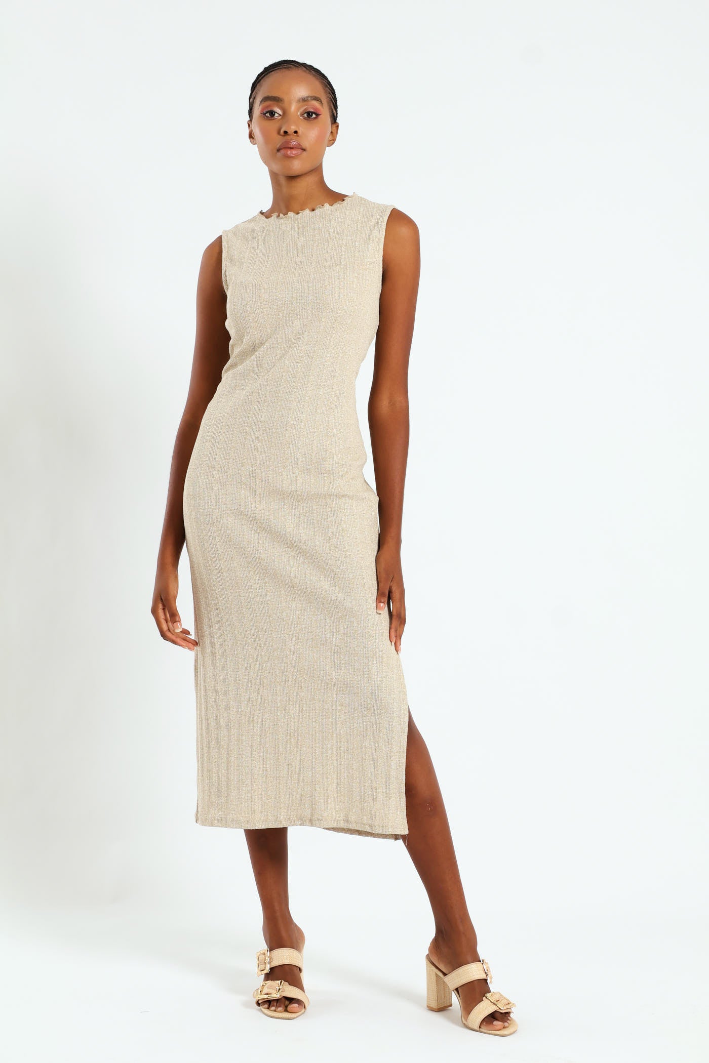 Ladies Lettuce Neck Rib Column Shimmer Maxi Dress - Oatmeal