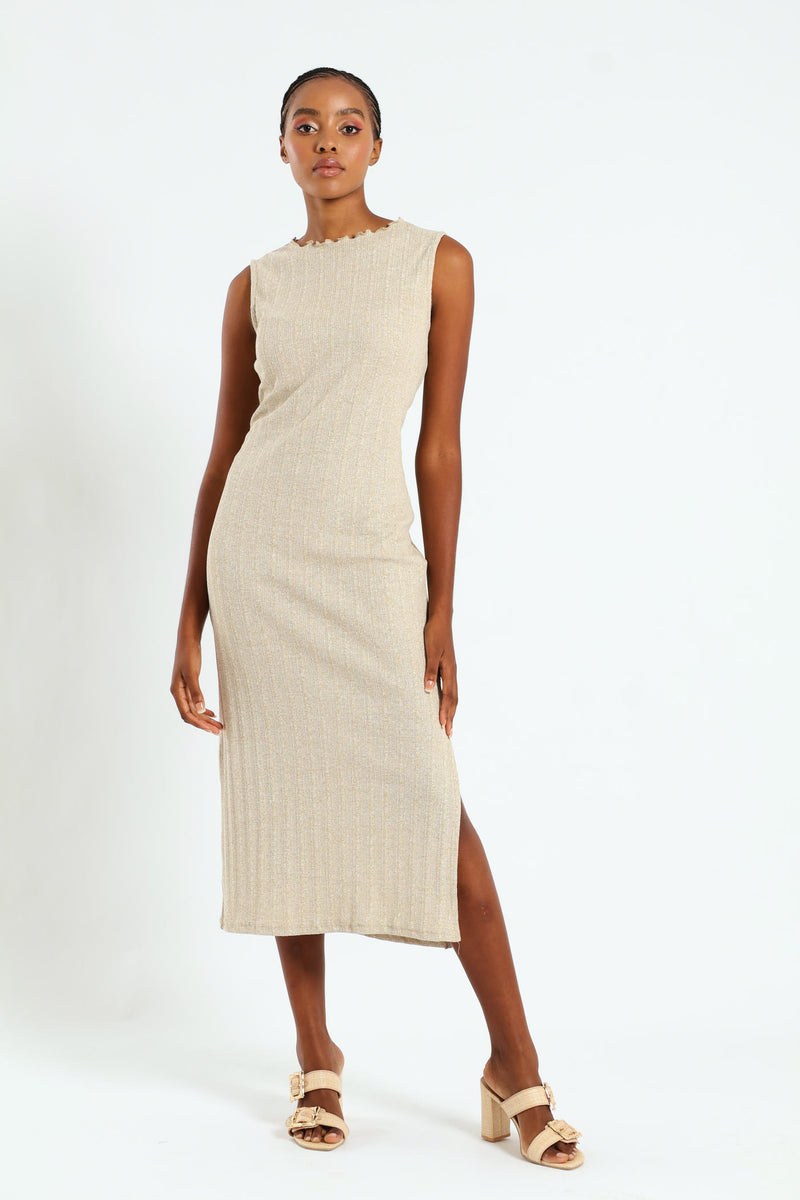 Lettuce Neck Rib Column Shimmer Maxi Dress - Oatmeal Melange