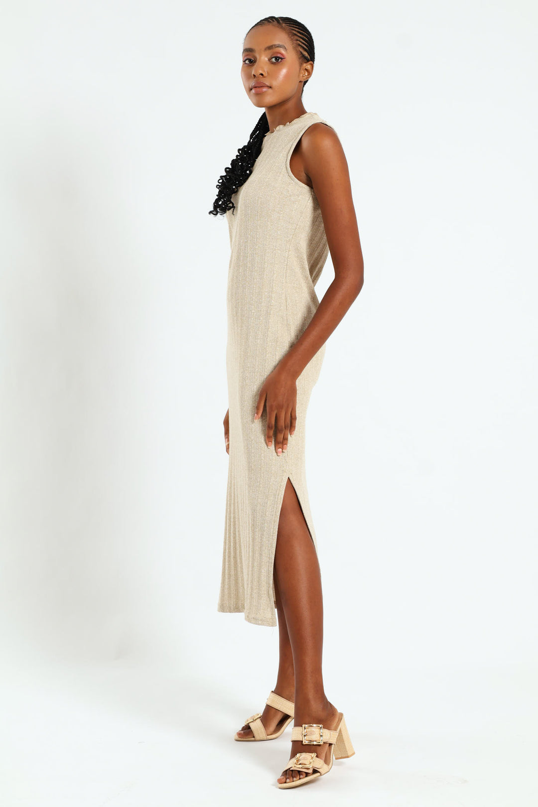 Lettuce Neck Rib Column Shimmer Maxi Dress - Oatmeal Melange