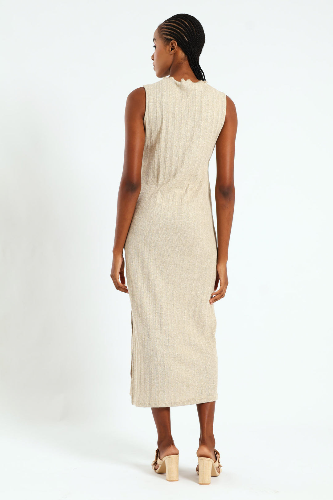 Lettuce Neck Rib Column Shimmer Maxi Dress - Oatmeal Melange