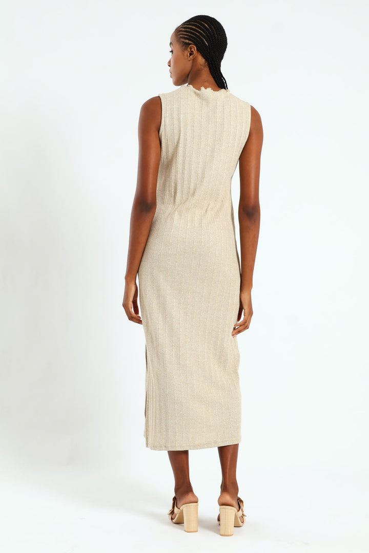 Lettuce Neck Rib Column Shimmer Maxi Dress - Oatmeal Melange