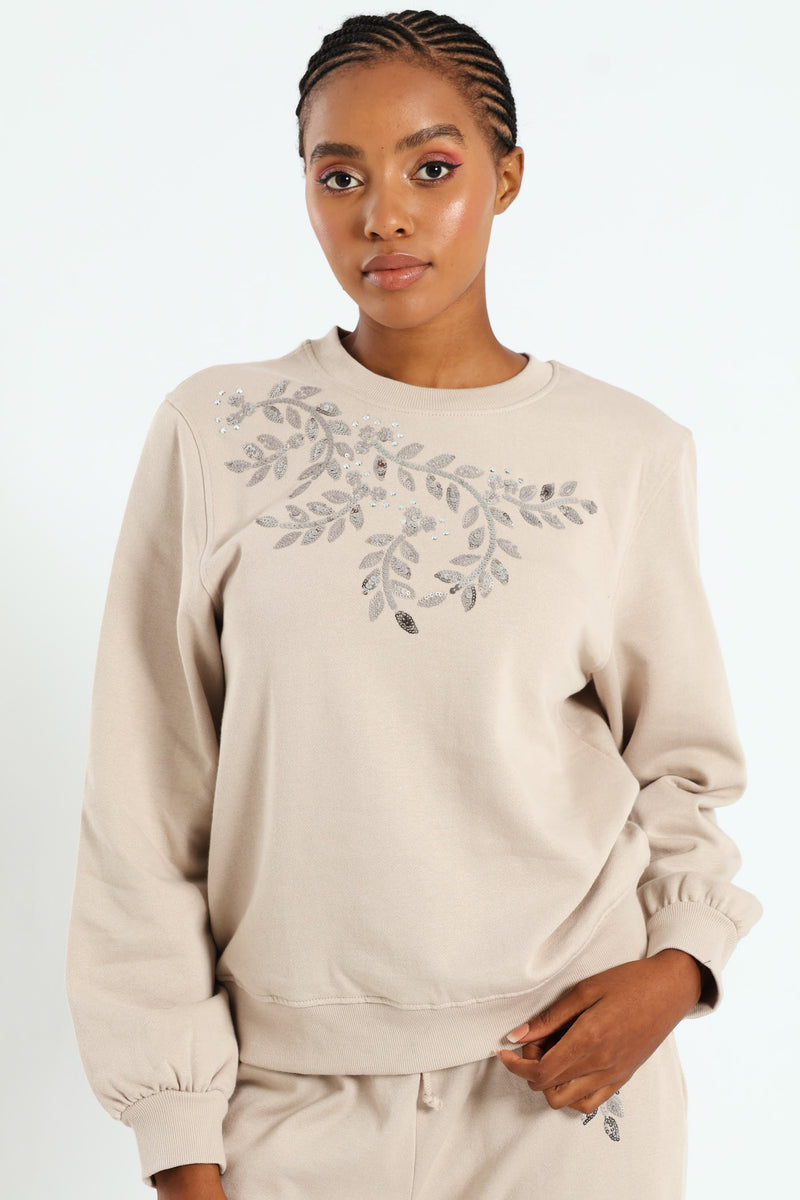 Shoulder Bead Detail Pullover - Bone