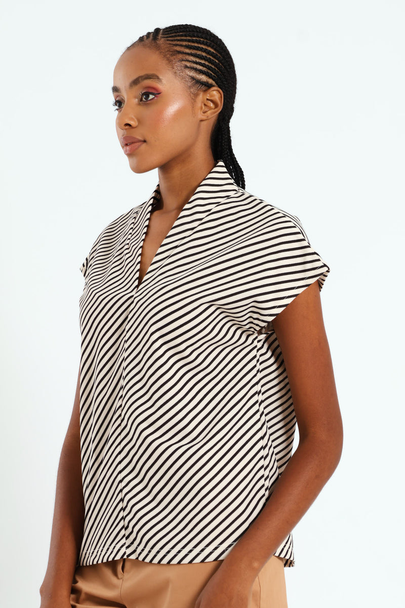 V-Neck Basic Blouse - Black/Cream