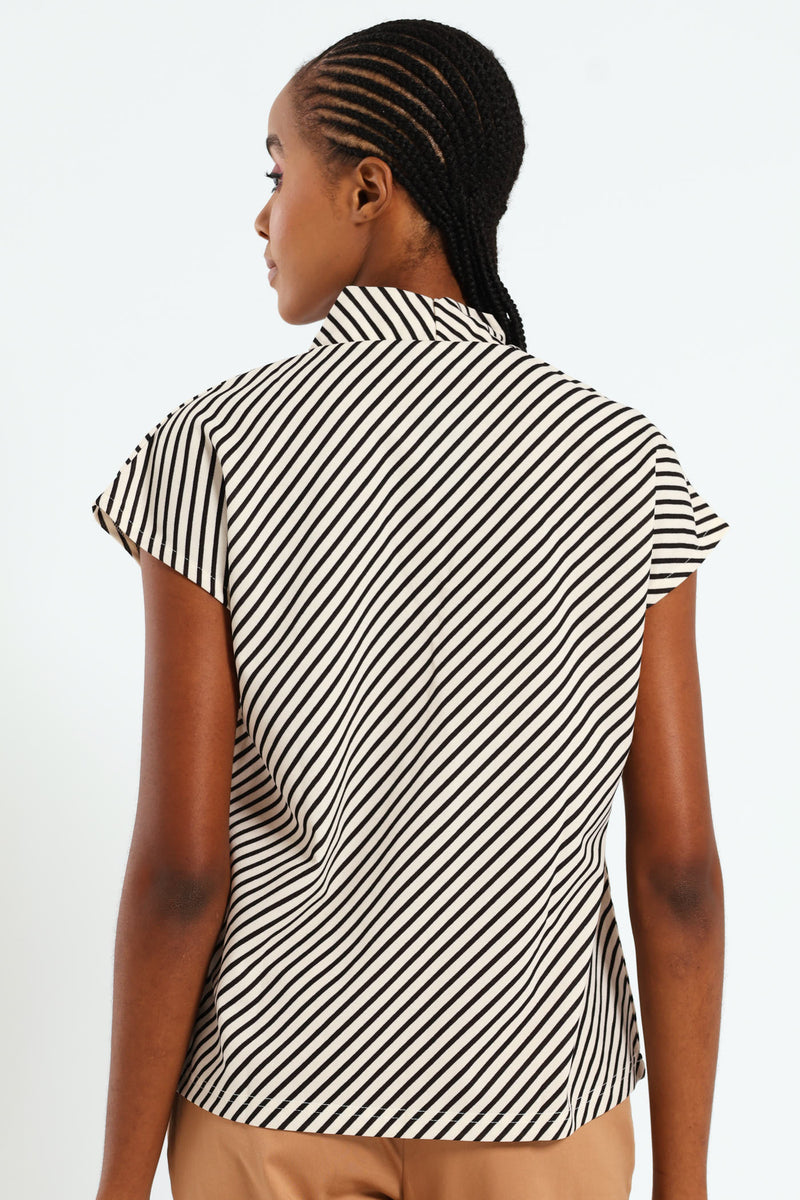 V-Neck Basic Blouse - Black/Cream