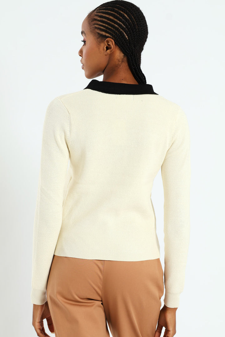 Constrast Collared Golfer - Cream