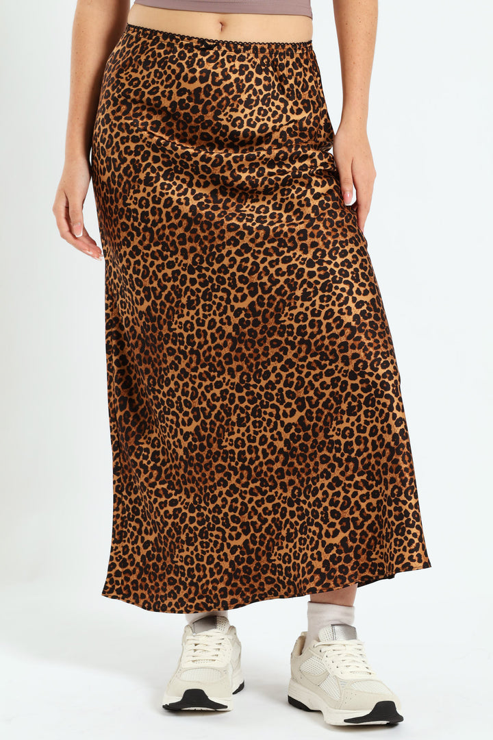 Leopard Satin Midi Skirt - Brown