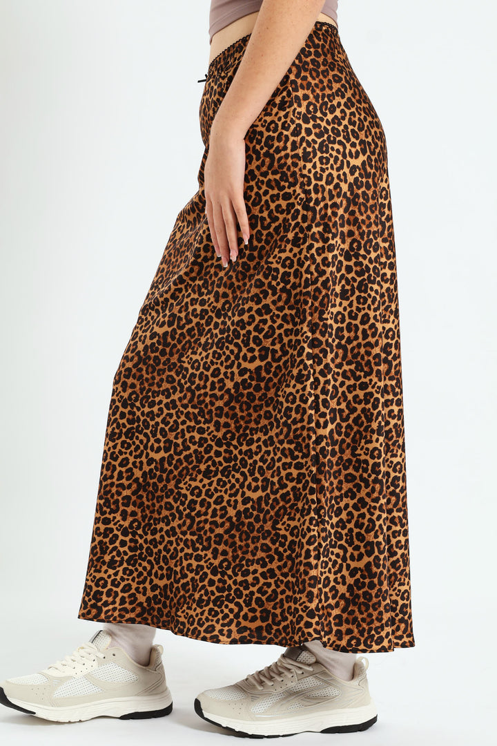 Leopard Satin Midi Skirt - Brown