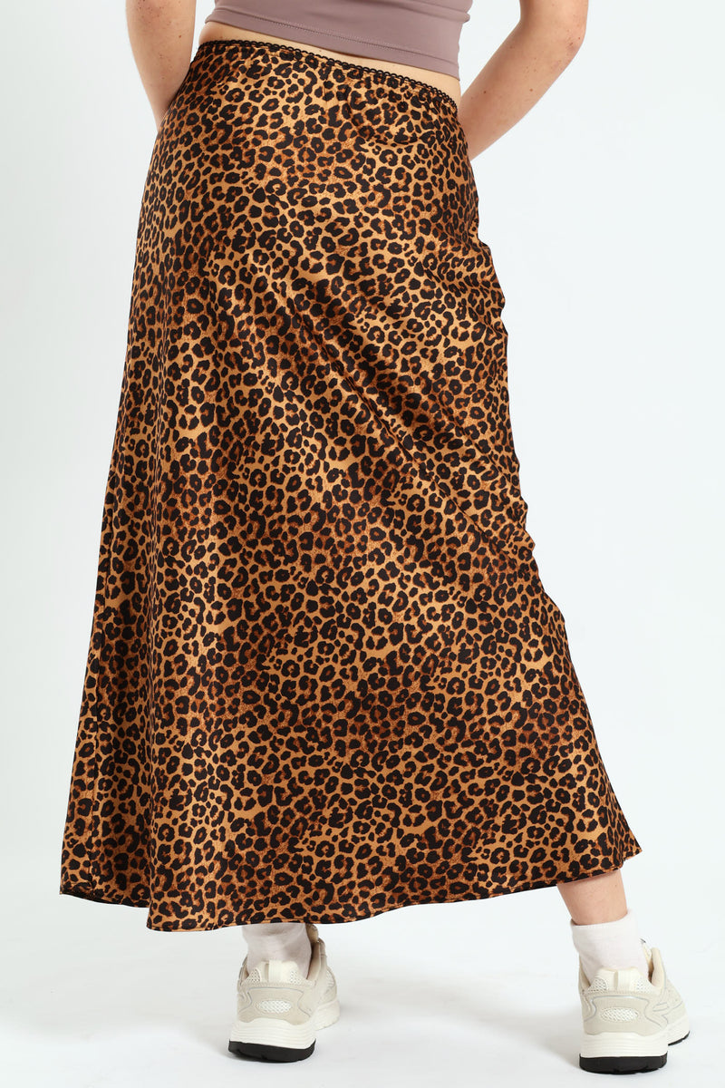 Leopard Satin Midi Skirt - Brown