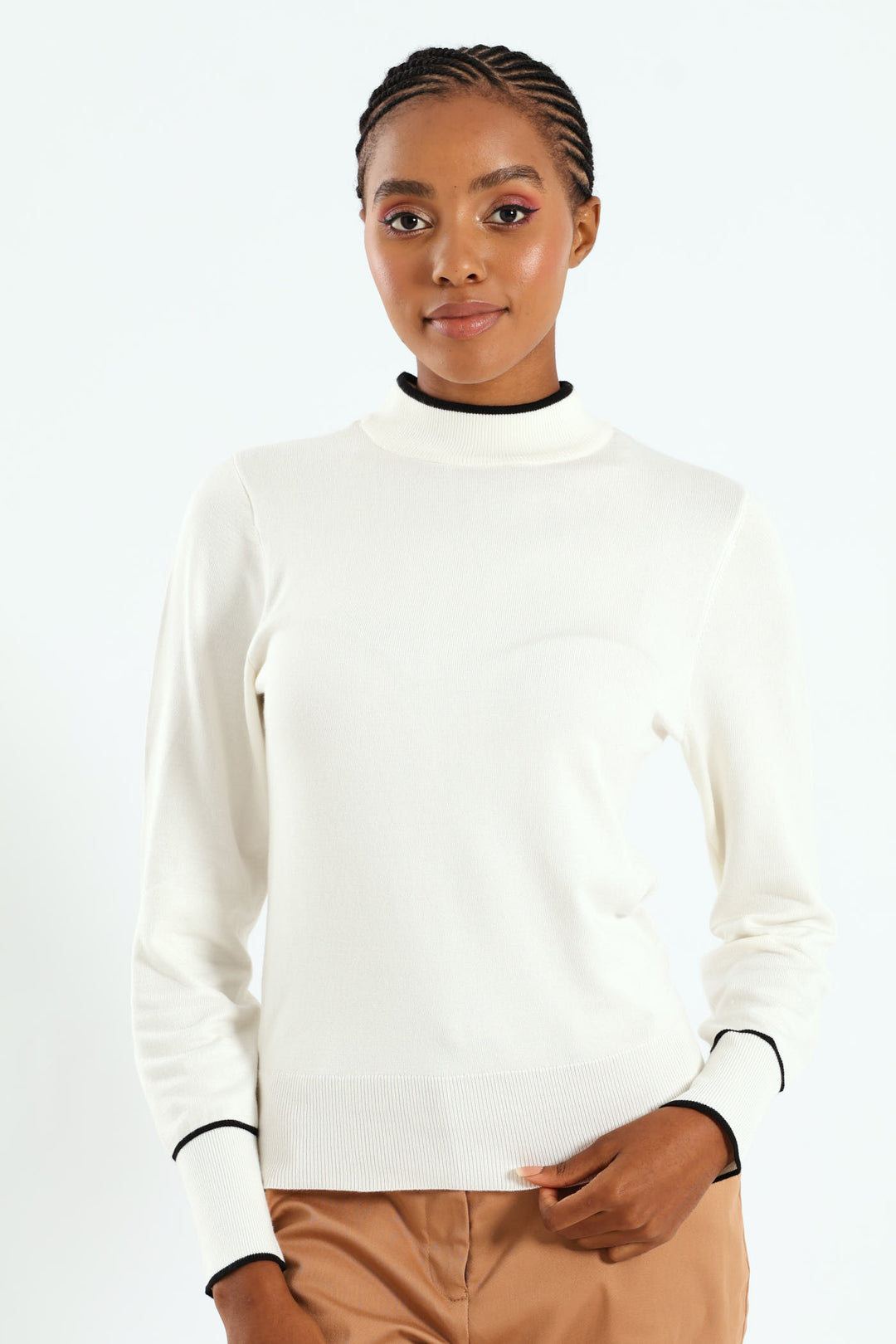 Turtleneck Tipped Pullover - Cream/Black