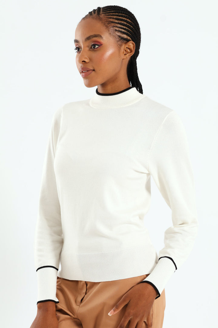 Turtleneck Tipped Pullover - Cream/Black
