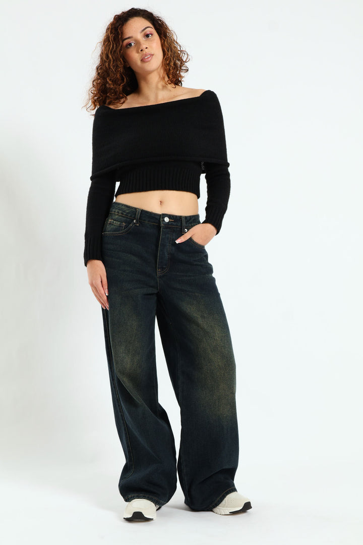 Off Shoulder Knit Top - Black