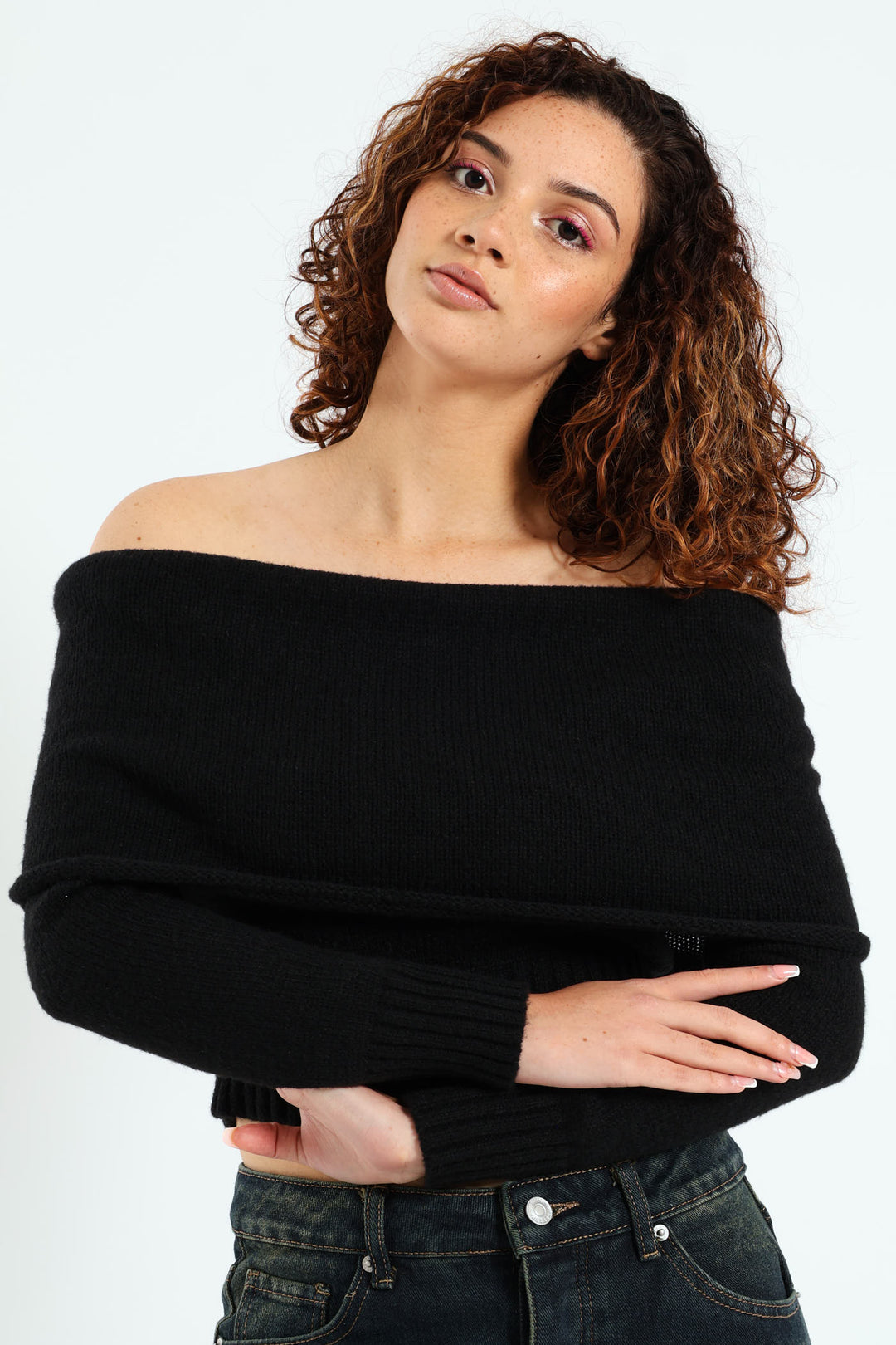 Off Shoulder Knit Top - Black