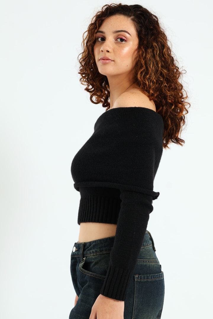 Off Shoulder Knit Top - Black