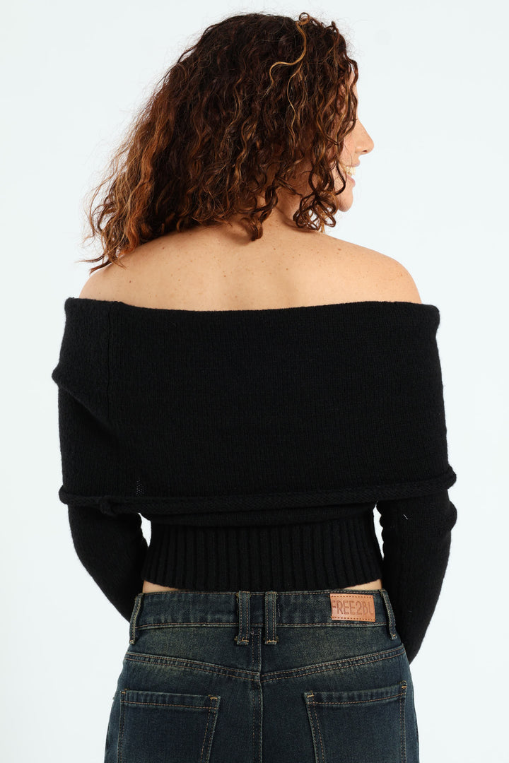 Off Shoulder Knit Top - Black
