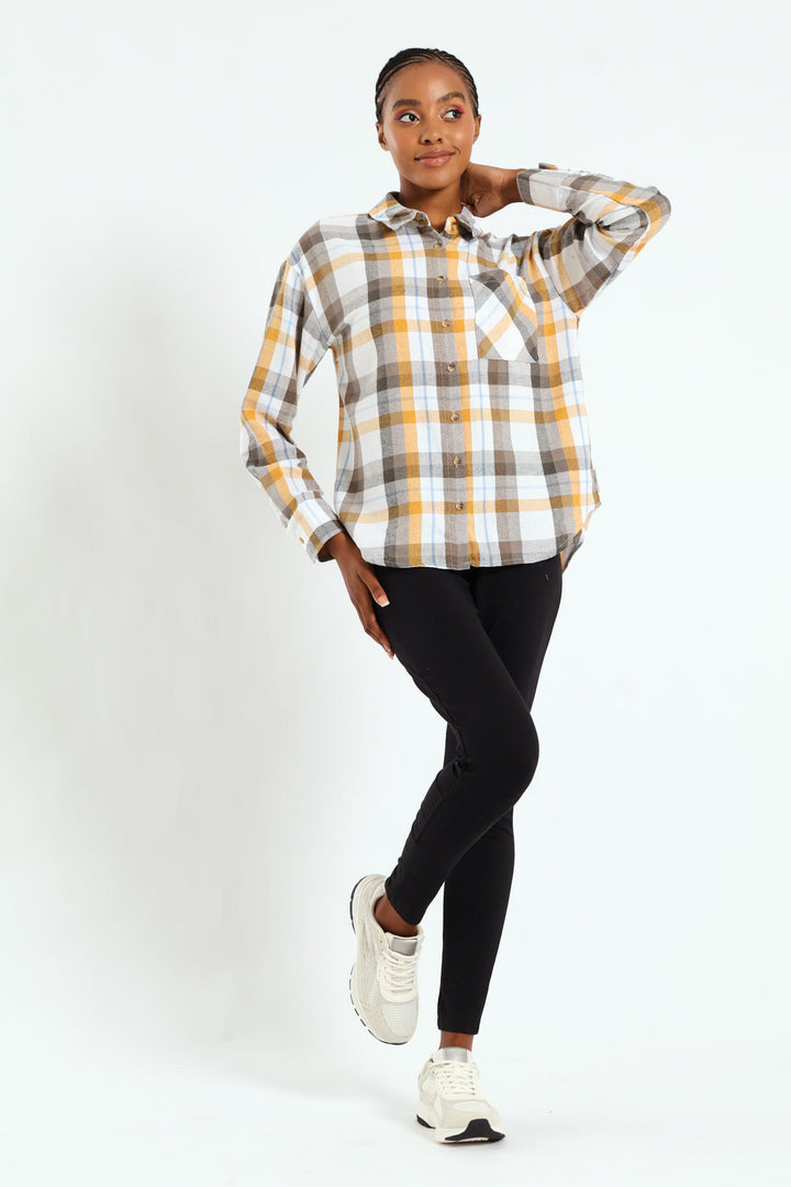 Long Sleeve Regular Length Check Shacket - Mustard/Blue