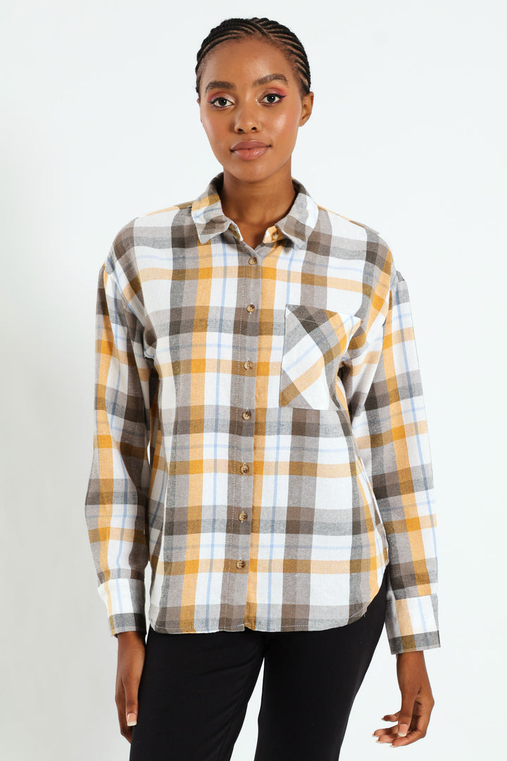 Long Sleeve Regular Length Check Shacket - Mustard/Blue