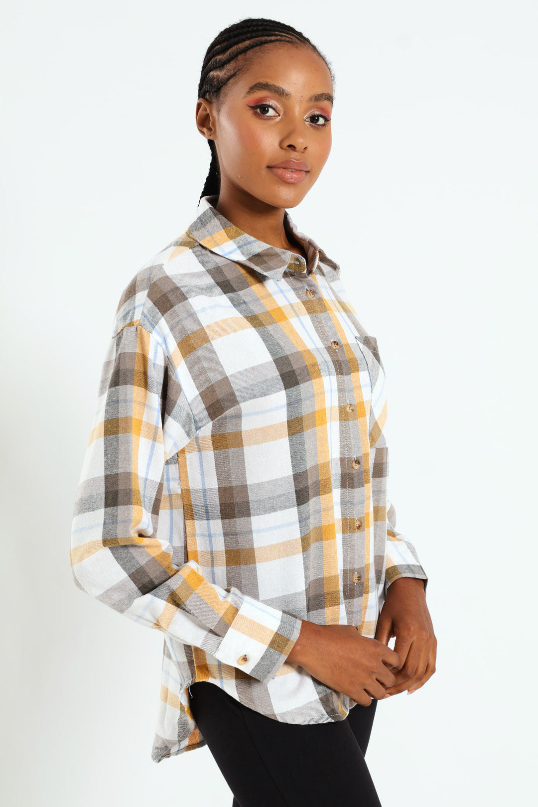 Long Sleeve Regular Length Check Shacket - Mustard/Blue