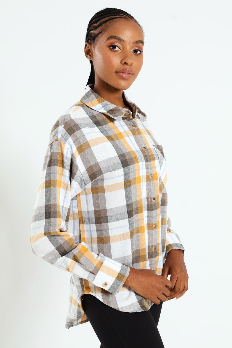 Long Sleeve Regular Length Check Shacket - Mustard/Blue
