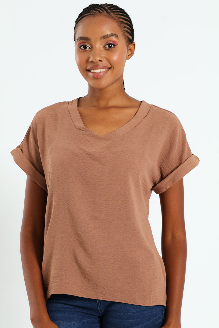 V-Neck Popover Top With Back Detail - Brown