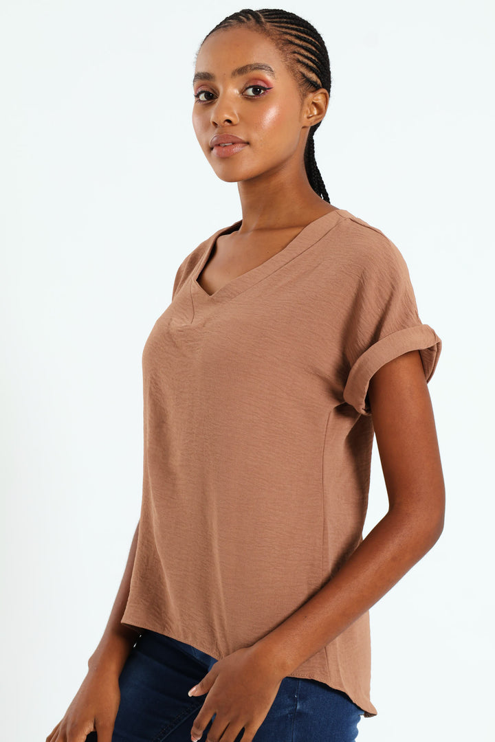 V-Neck Popover Top With Back Detail - Brown