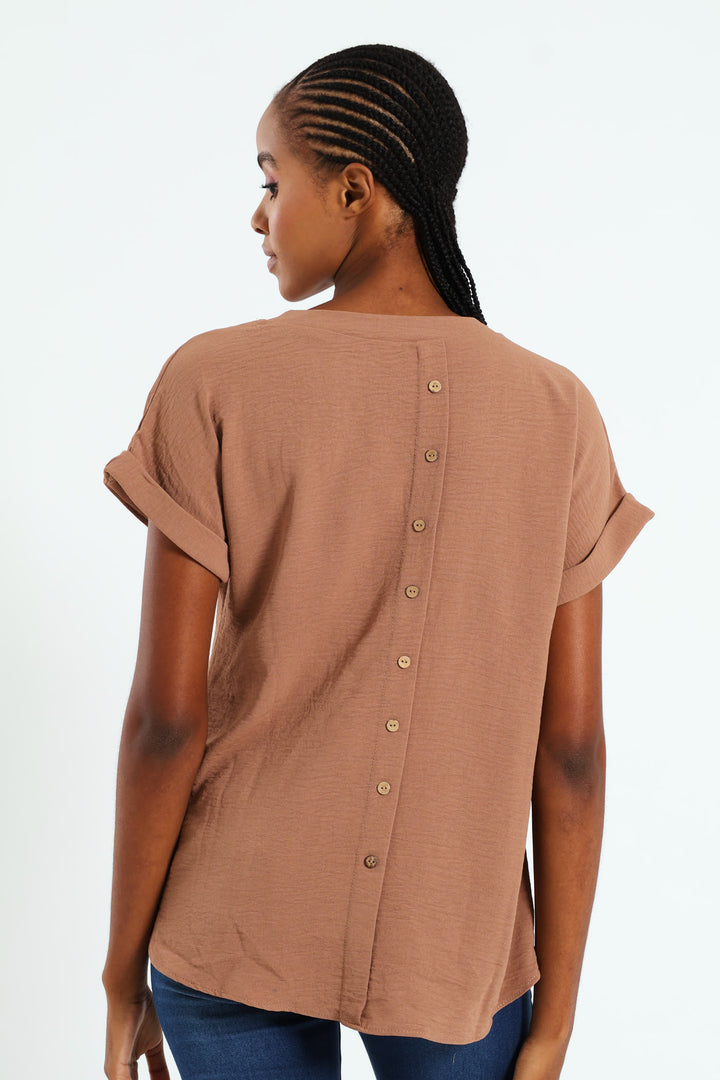 V-Neck Popover Top With Back Detail - Brown