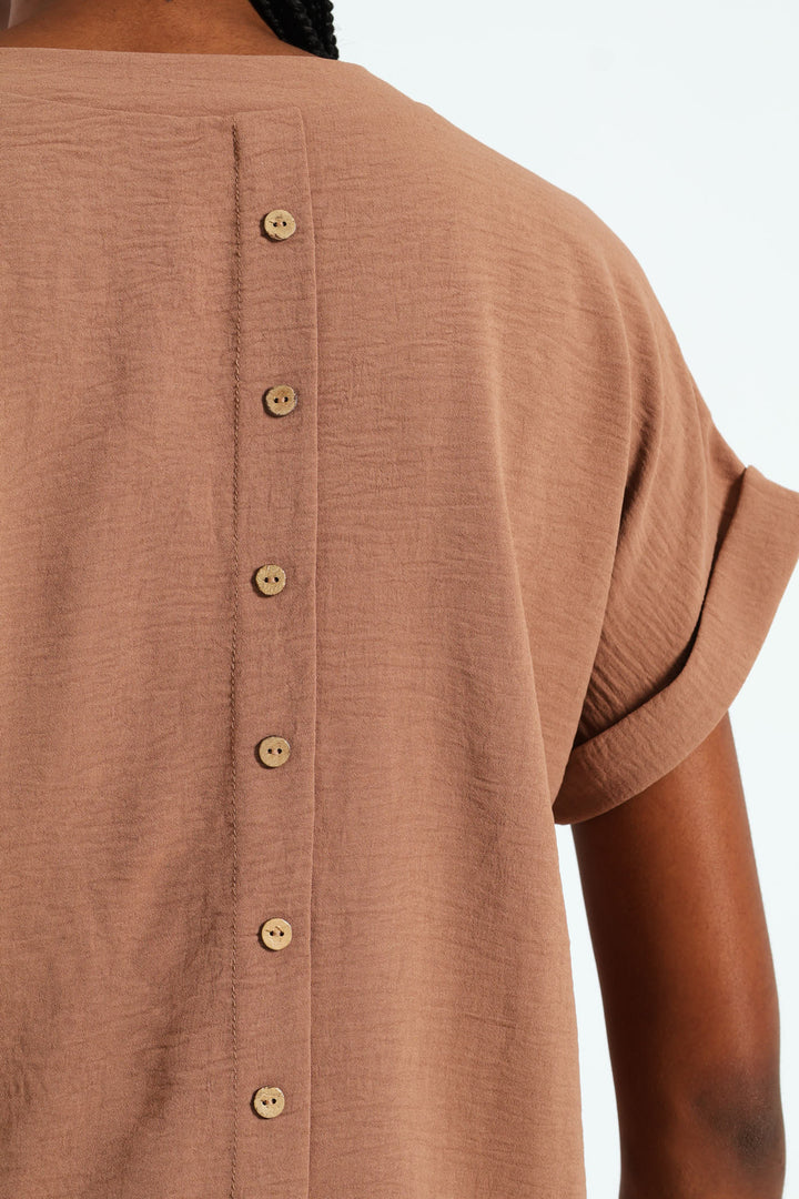 V-Neck Popover Top With Back Detail - Brown