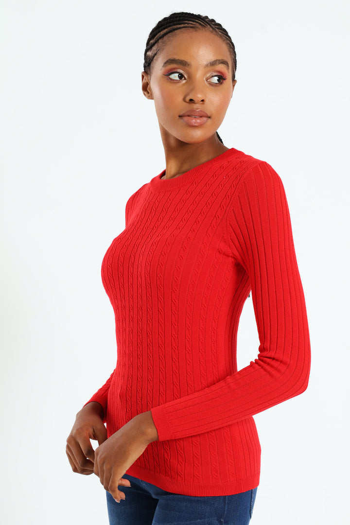Plain Cable Pullover - Red
