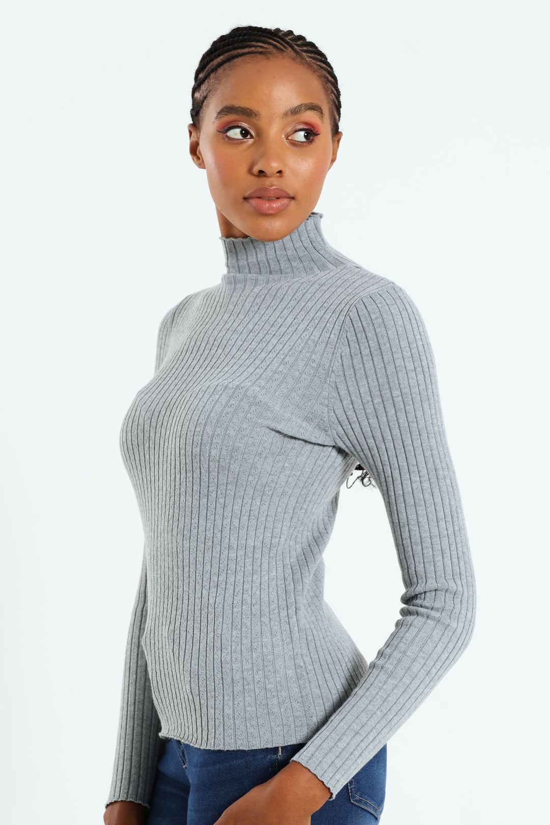 Turtleneck Pointelle Cable Stitch Pullover - Grey