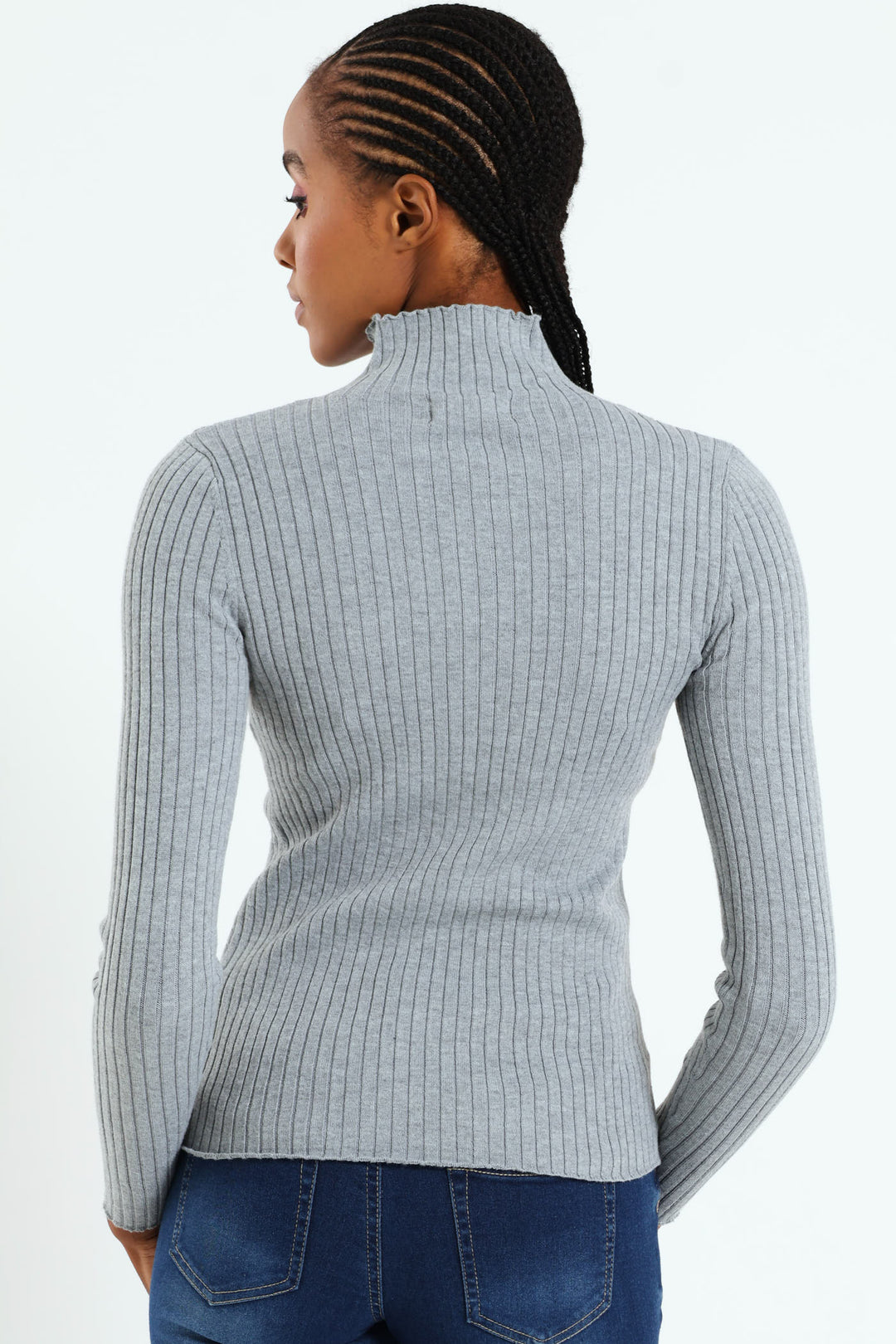 Turtleneck Pointelle Cable Stitch Pullover - Grey