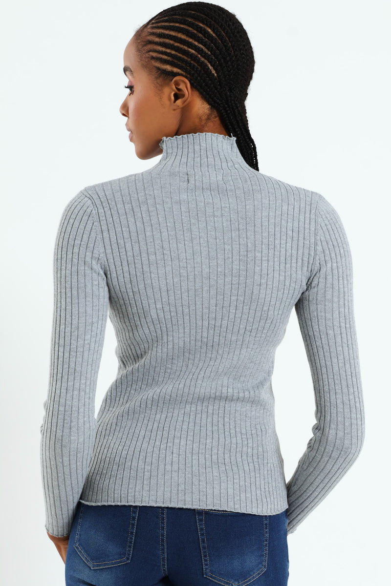 Turtleneck Pointelle Cable Stitch Pullover - Grey