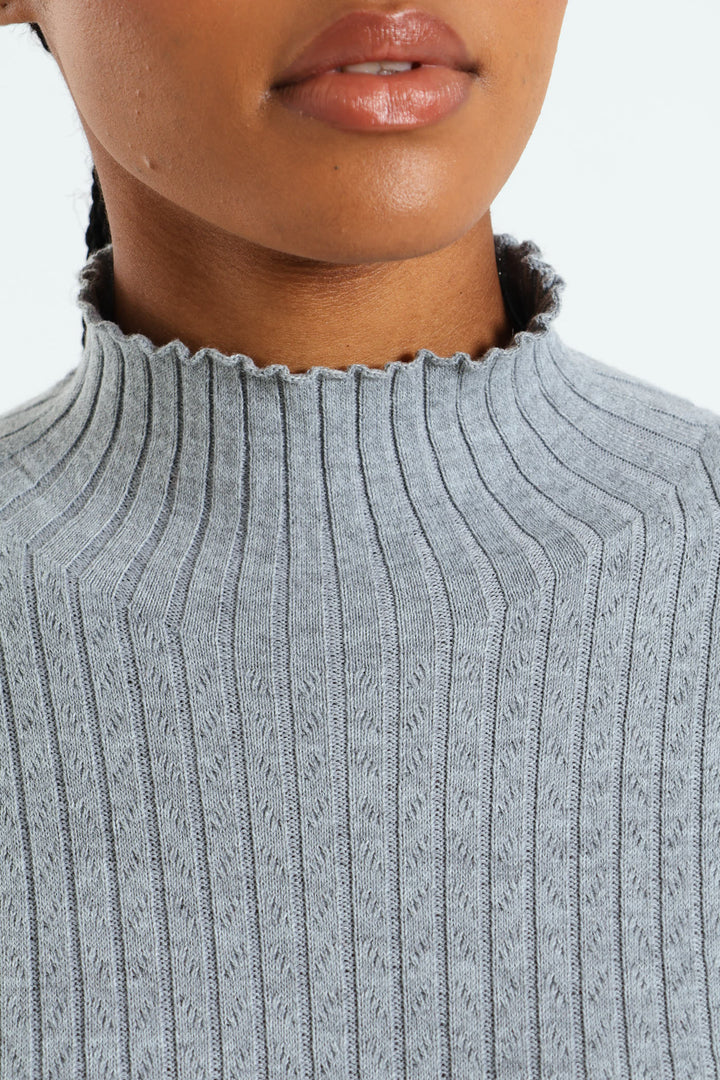 Turtleneck Pointelle Cable Stitch Pullover - Grey
