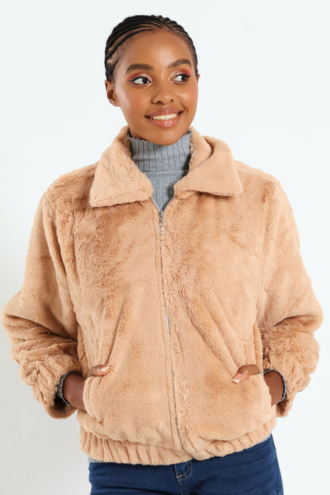 Long Sleeve Collared Fur Bomber - Stone