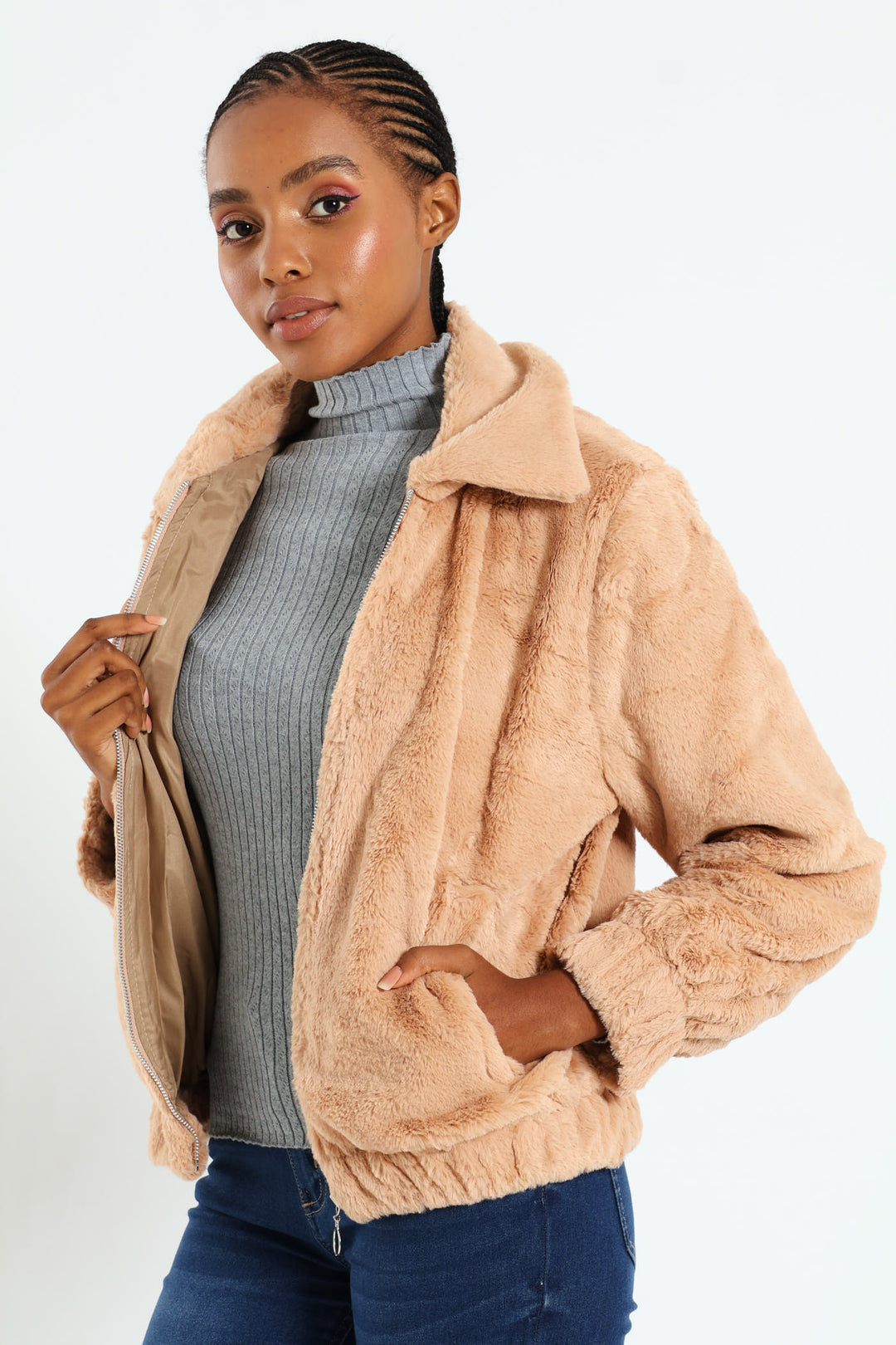 Long Sleeve Collared Fur Bomber - Stone