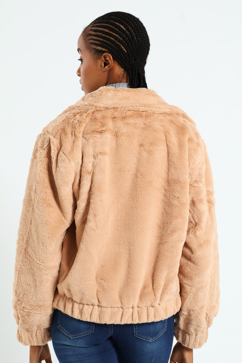 Long Sleeve Collared Fur Bomber - Stone