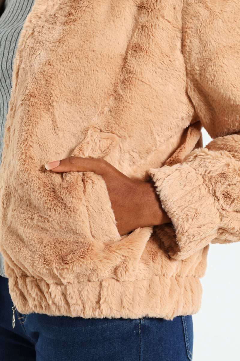 Long Sleeve Collared Fur Bomber - Stone