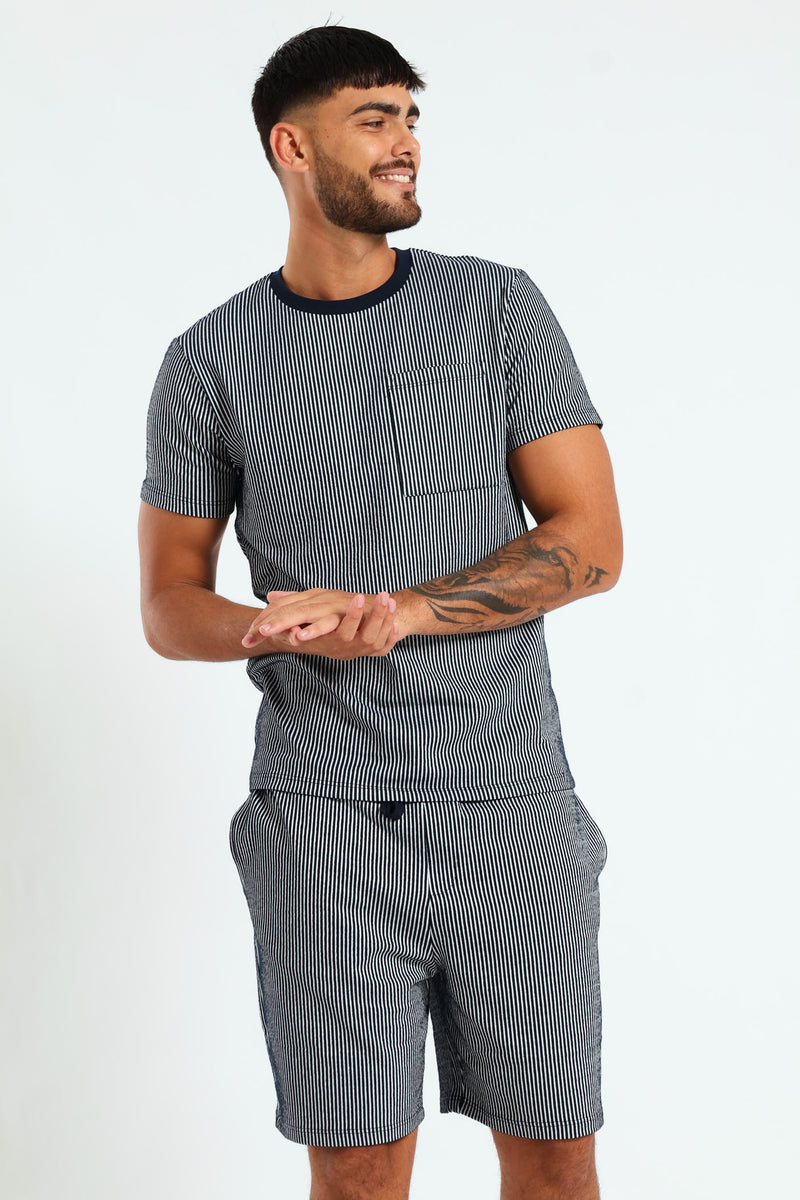 Stripe Surface Interest Top & Short Pj Set - Navy