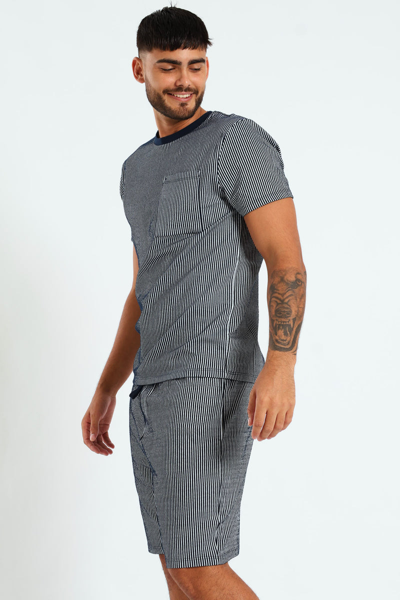 Stripe Surface Interest Top & Short Pj Set - Navy